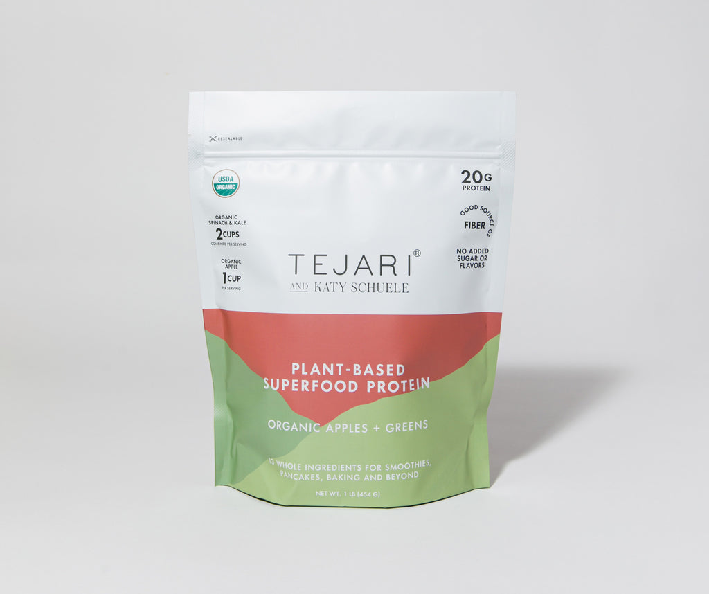 Close-up Large Sachet of Plant-Based Superfood Protein Organic Apples and Green