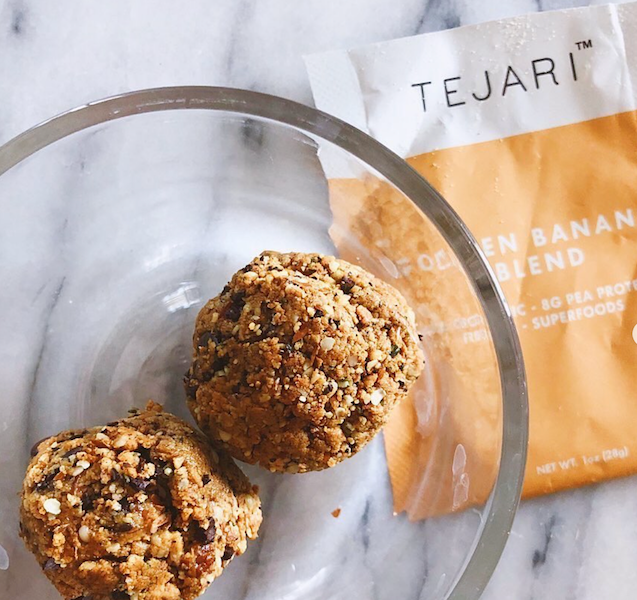 top view of vegan protein banana balls in glass bowl