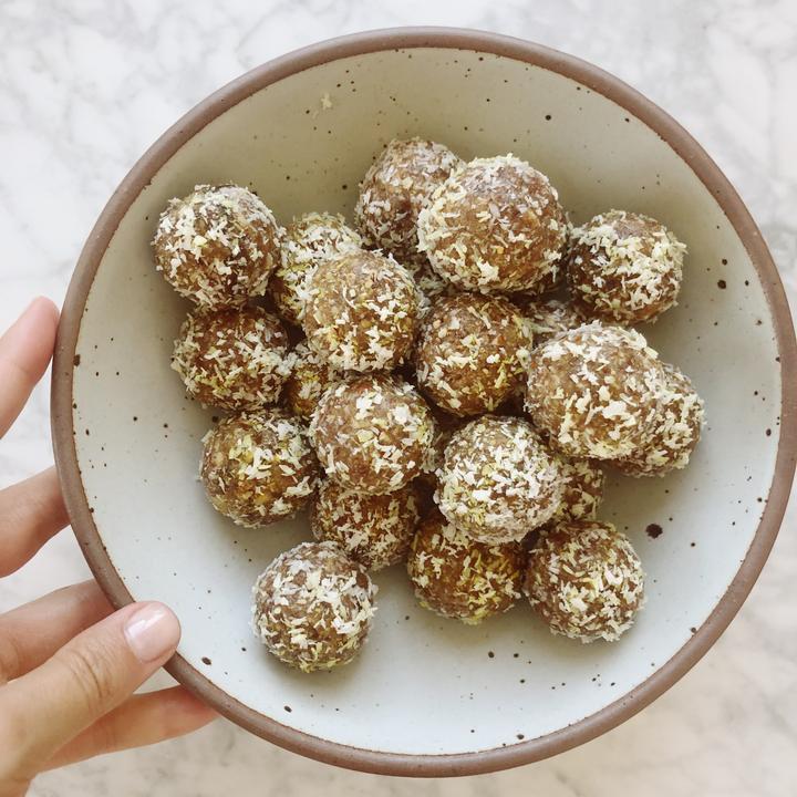 top view of energy balls with dates in bowl