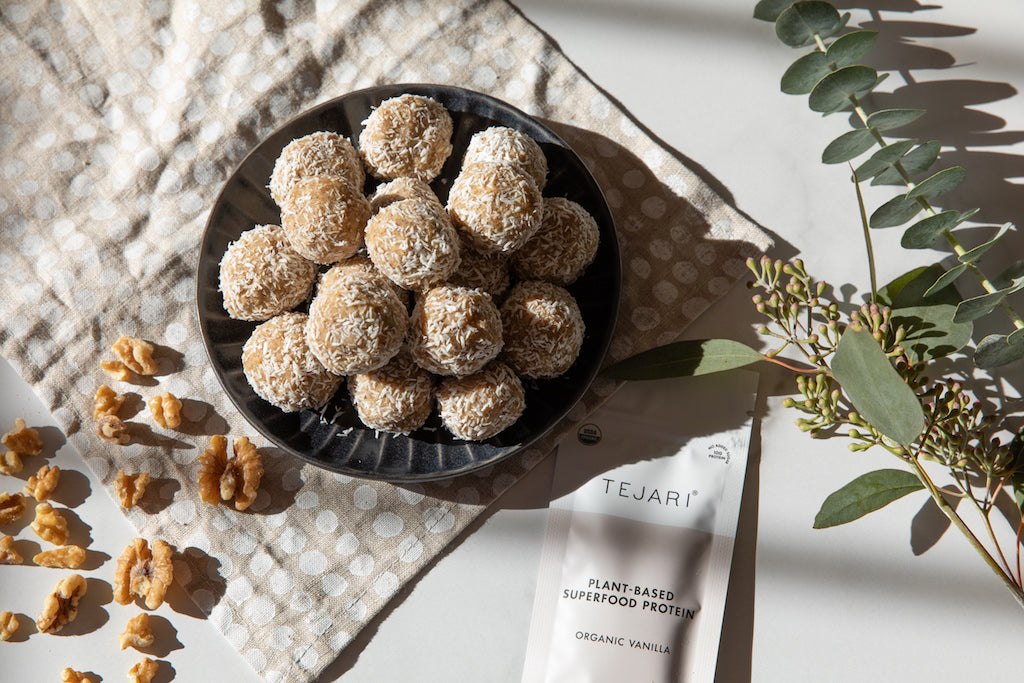 Oat Balls with Cesiccated Coconut showing the Tejari Sachet