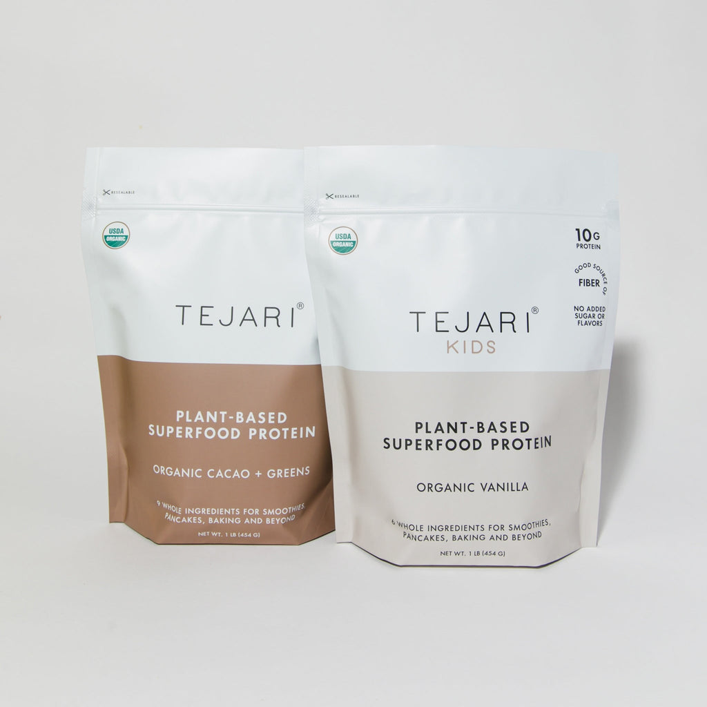 Two Package Standing Sid-By-Side Tejari Plant-Based Superfood Protein Organic CaCao + Greens and Kids Organic Vanilla