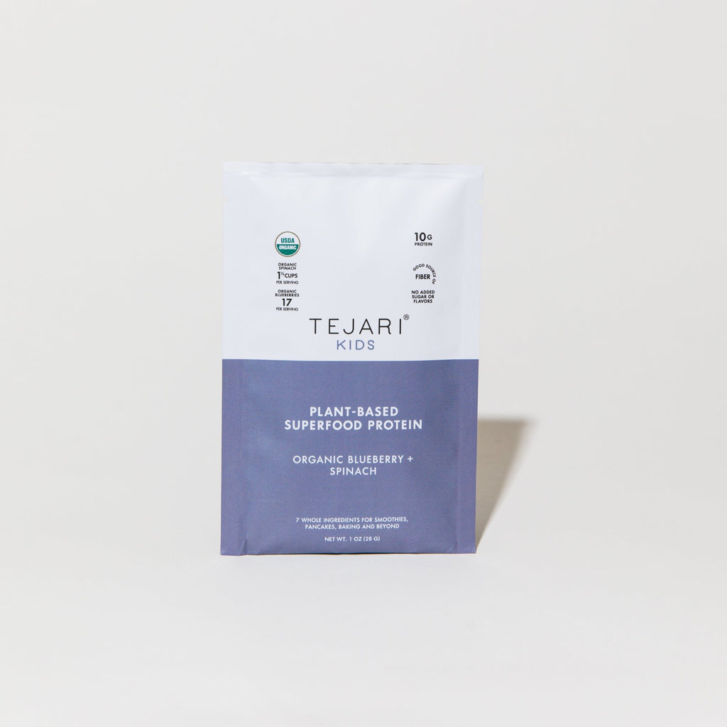 Sachet of the Tejari Kids Plant-Based Superfood Protein Organic Blueberry + Spinach 