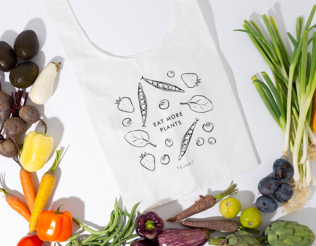 White Grocery Bag Black Sketched Vegetables and Terjari Logo Surrounded By Reel Vegetables