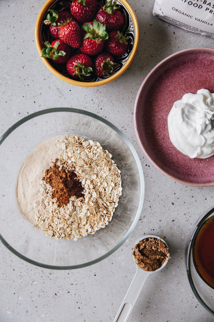 Multi-Bowls of Ingredients | Strawberries Dry Oatmeal Vegan Yogurt Brown Sugar